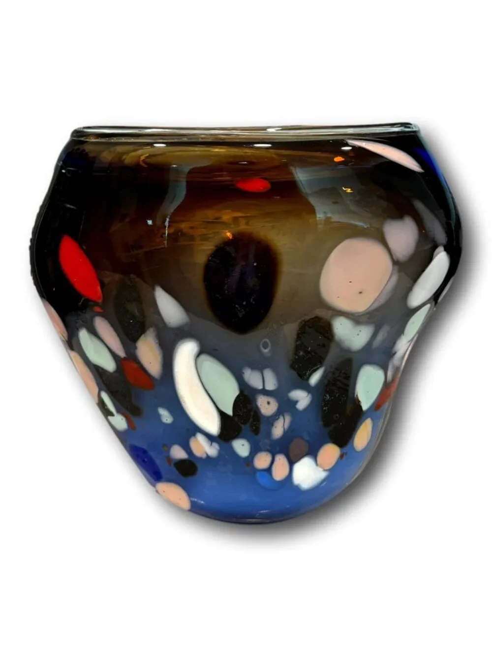 Murano Style Handblown Murrine Art Glass Vase Amber Blue 12”